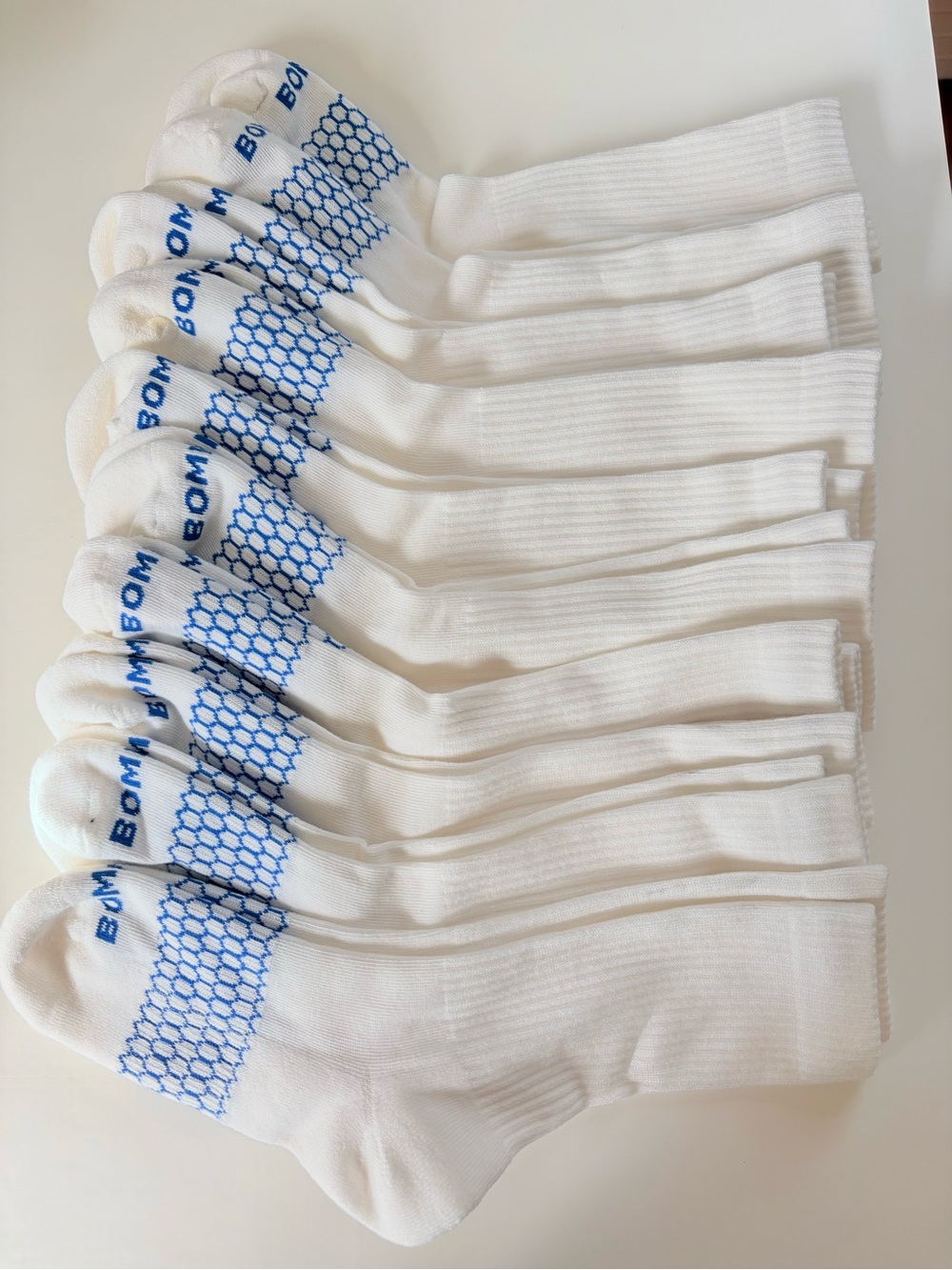 Bombas 10 Pack White Crew Athletic Socks with Blue Accents